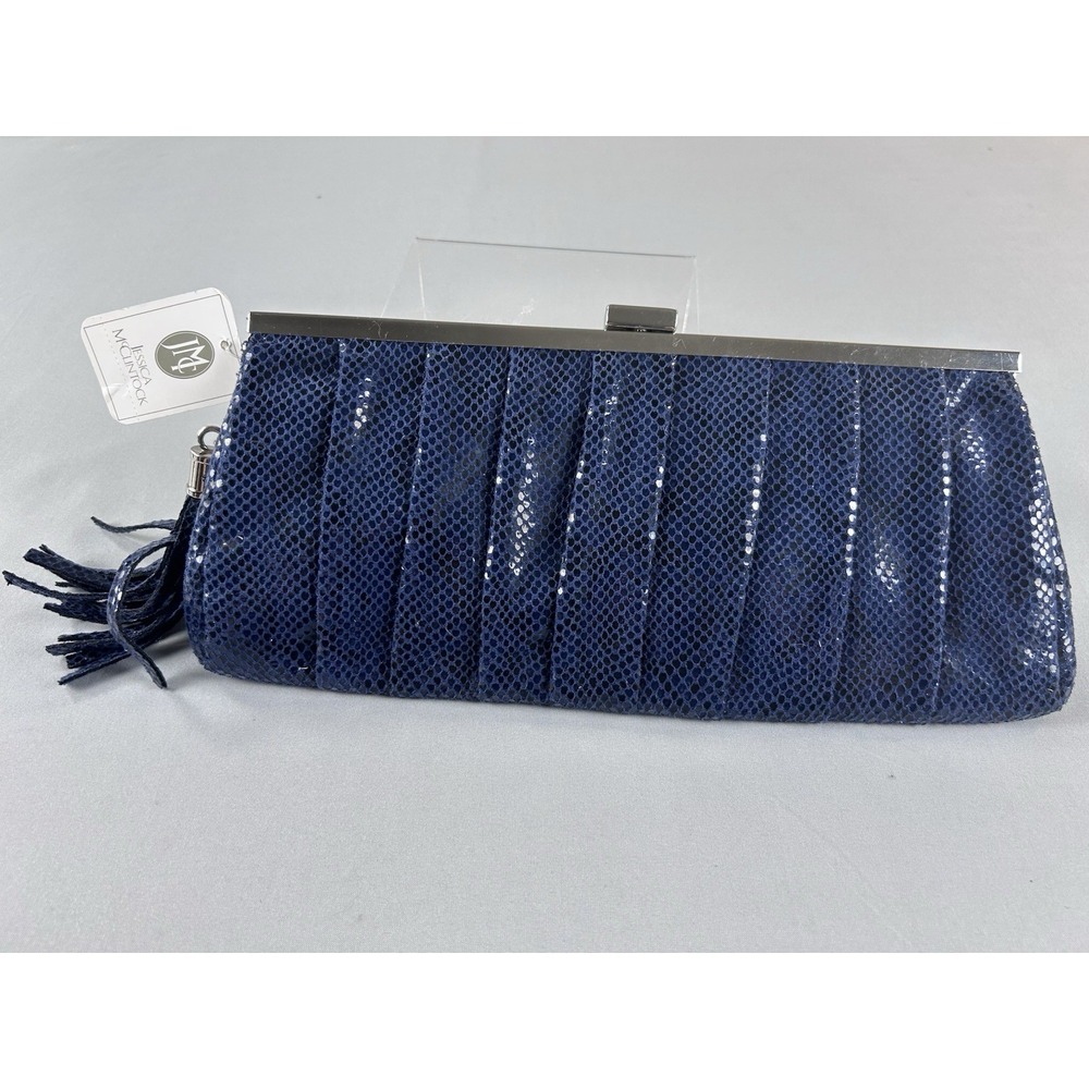 Jessica McClintock Blue Clutch Evening Bag Sequin Pleated Frame Tassel NWT